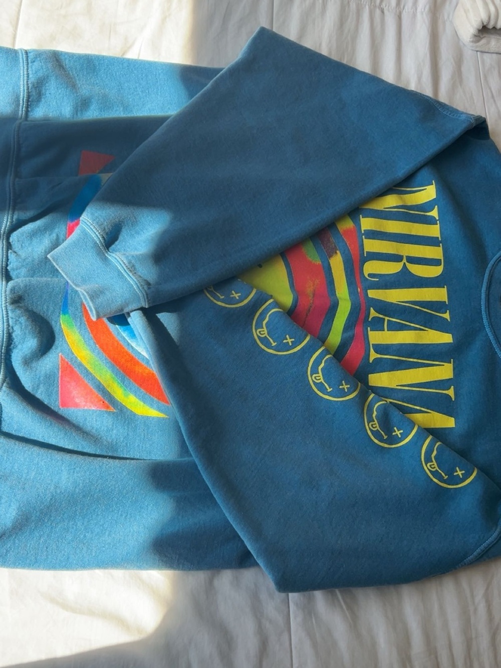 NIRVANA Teal Crewneck with Yellow Logo and Multicolor Stripes